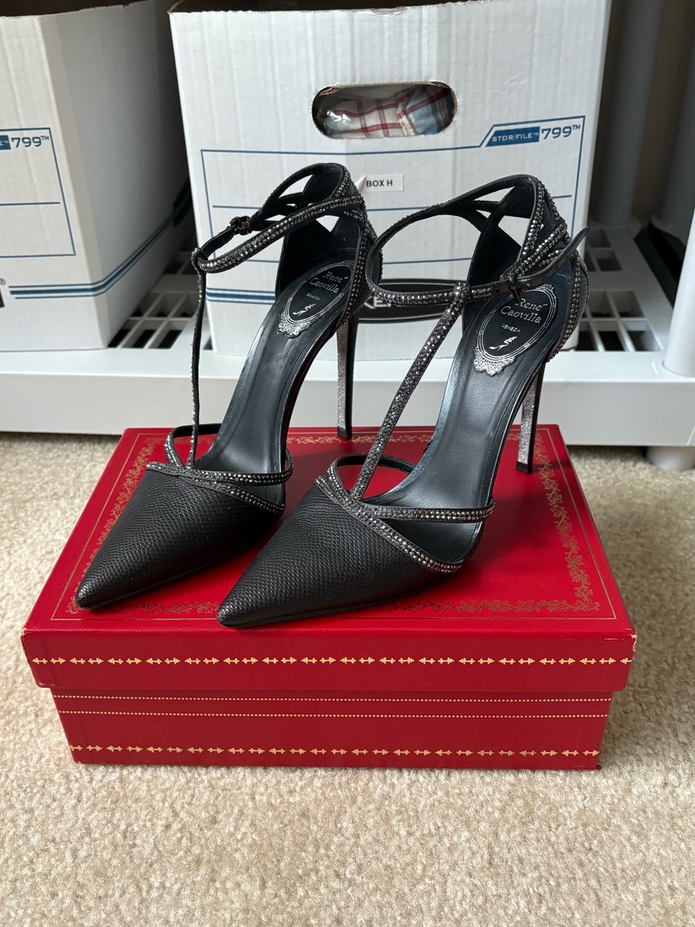 Rene Caovilla T Strap Swarovski Pumps Hematite Strass Sexy Black Womens 39